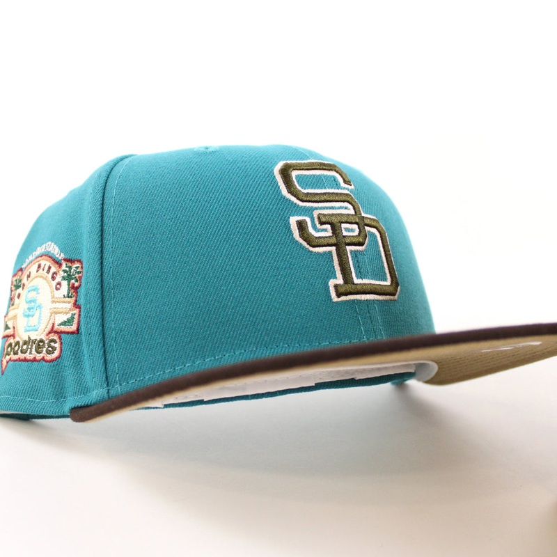 San Diego Padres STADIUM New Era 59Fifty Fitted Hat (Aqua BurntWood Khaki Under Brim) 7