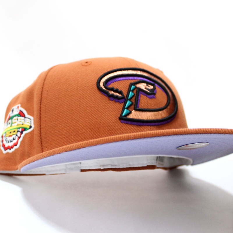 Arizona Diamondbacks 2001 World Series New Era 59Fifty Fitted Hat (Glow in The Dark Rust Orange Lavender Under Brim) 7