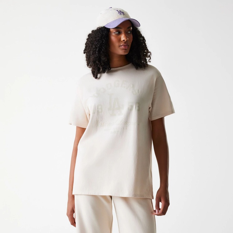 LA Dodgers Womens MLB Tonal Graphic Light Beige Oversized T-Shirt XS