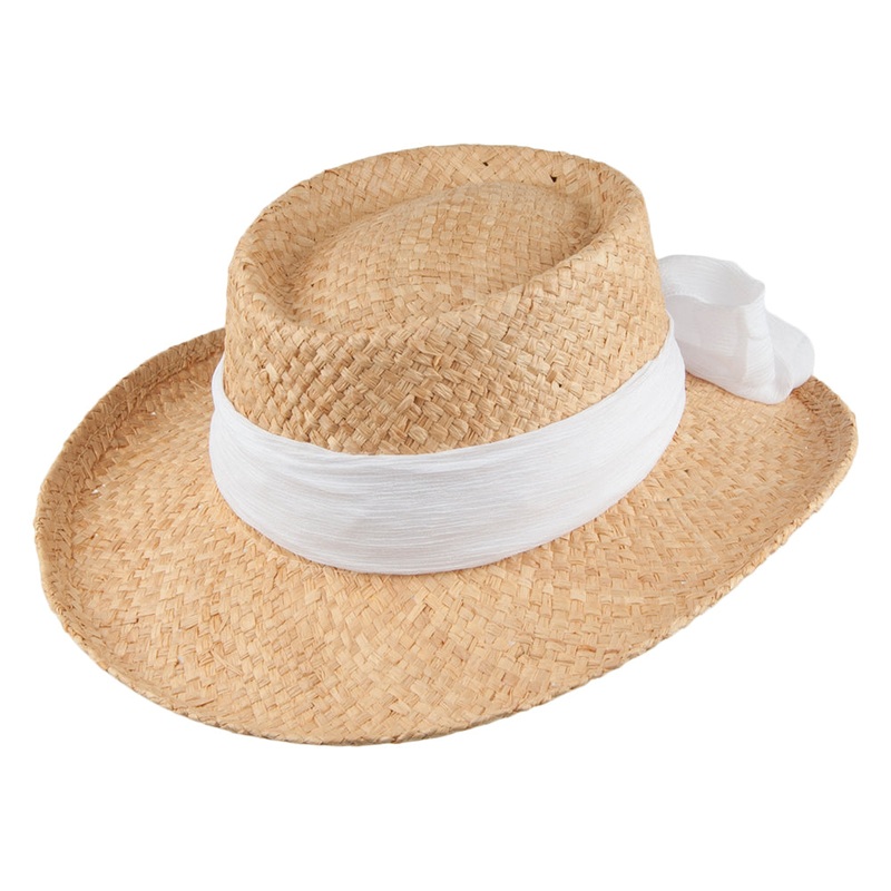 Scala Hats Porquerolles Raffia Gambler Hat with Bow – Natural with White 1-Size