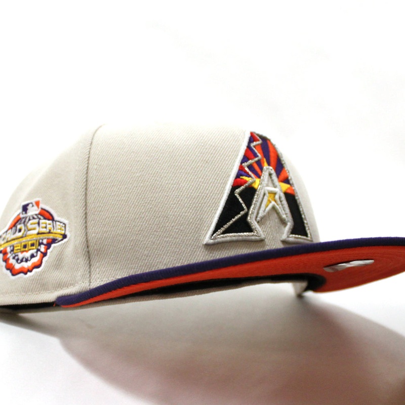 Arizona Diamondbacks 2001 World Series New Era 59Fifty Fitted Hat (Glow in the Dark Stone Purple Orange Under Brim) 7