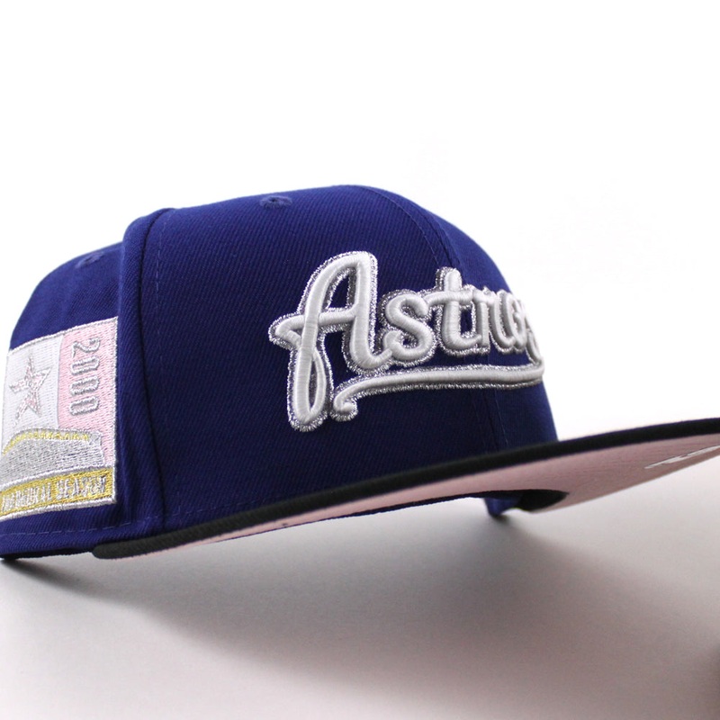 Houston Astros Inaugural Season Patch New Era 59Fifty Fitted Hat (Dark Royal Blue Black Pink Under Brim) 7
