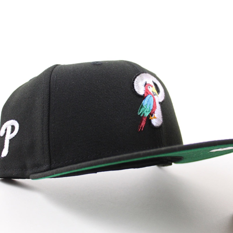 Philadelphia Phillies PARROT 59Fifty New Era Fitted Hat (Black and Green Under Brim) 6 7/8