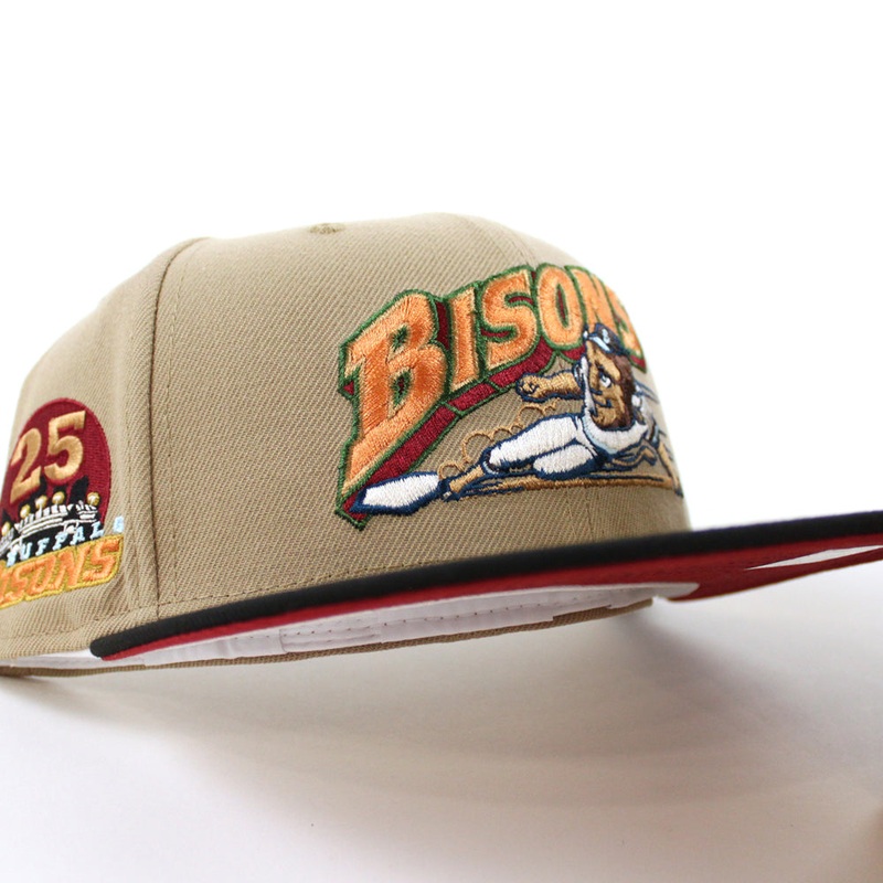 BUFFALO BISONS BISONS 25 Patch New Era 59Fifty Fitted Hat (CAMEL BLACK PINOT RED Under Brim) 7
