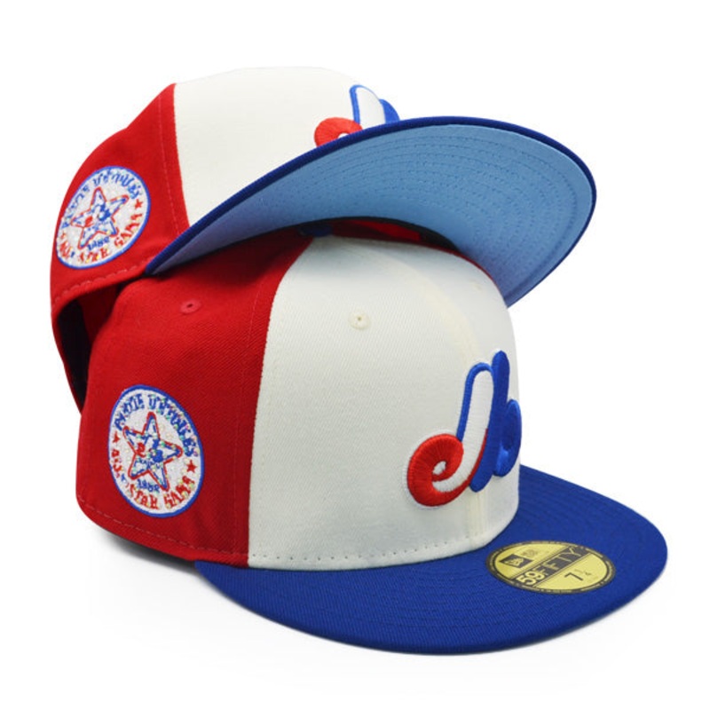 Montreal Expos EXCLUSIVE CRYSTAL 1982 All-Star Game Side Patch New Era 59FIFTY Fitted Hat  Off White/Icy Blue Bottom 8 1/8