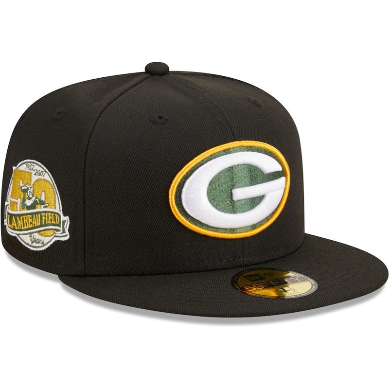New Era Green Bay Packers Black 50th Anniversary Lambeau Field Patch Team Dark Green Undervisor 59FIFTY Fitted Hat