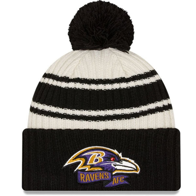 Baltimore Ravens New Era 2022 Sideline Sport Cuffed Pom Knit Hat – Cream/Black