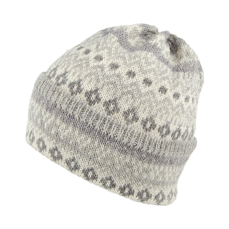 Highland 2000 Fair Isle Wool Cuffed Beanie Hat – Light Grey 1-Size