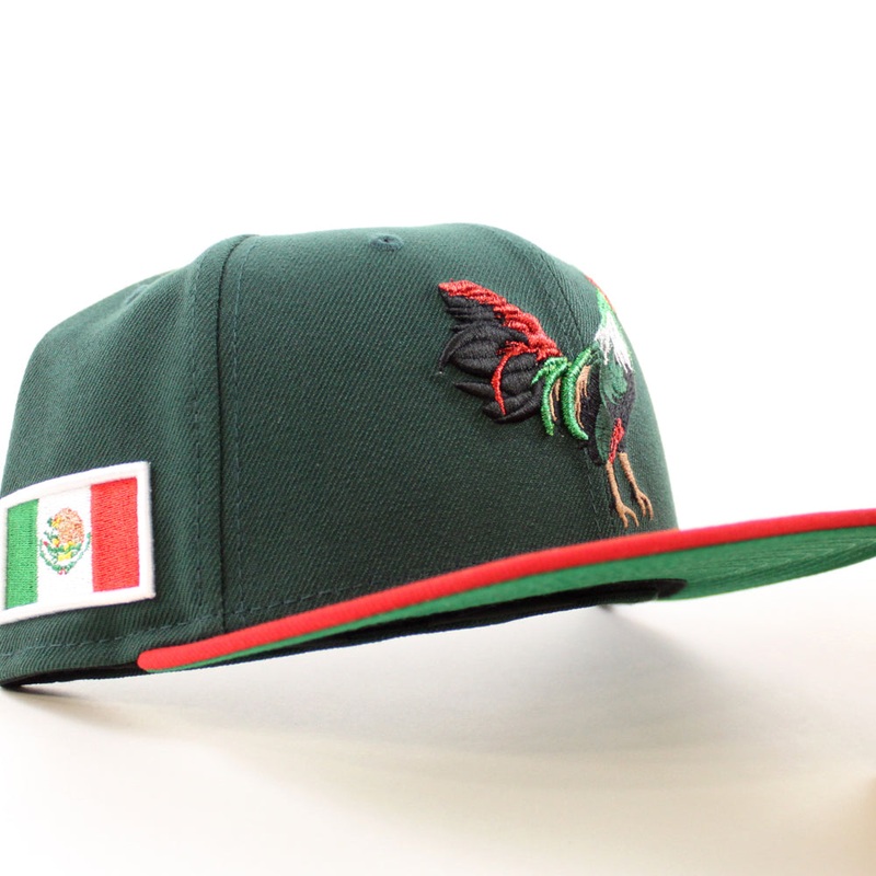 ROOSTER Mexico Flag New Era 59Fifty Fitted Hat (Dark Green Scarlet Green Under Brim) 6 7/8