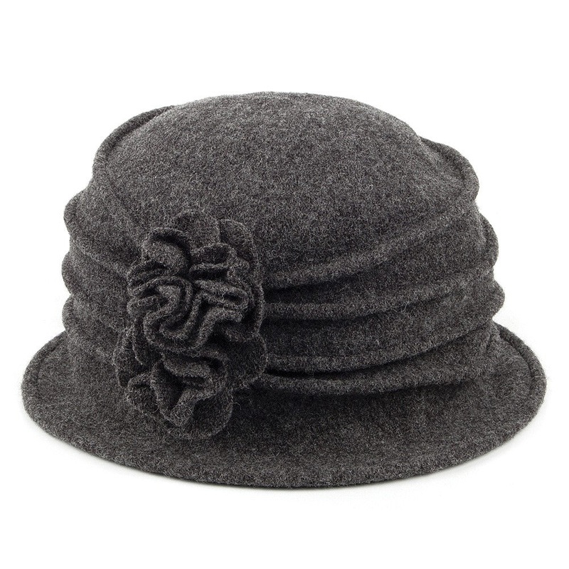 Scala Hats Grace Wool Cloche with Flower – Charcoal 1-Size