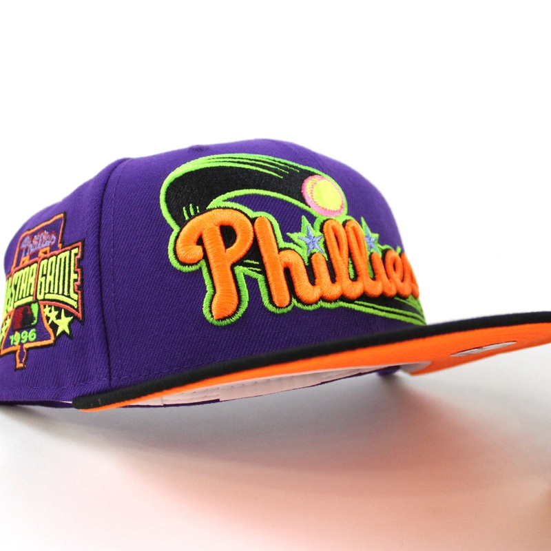 Philadelphia Phillies 1996 ALL STAR GAME 59Fifty New Era Fitted Hat (TRUE PURPLE BLACK HUNTER FLAME ORANGE Under Brim) 7