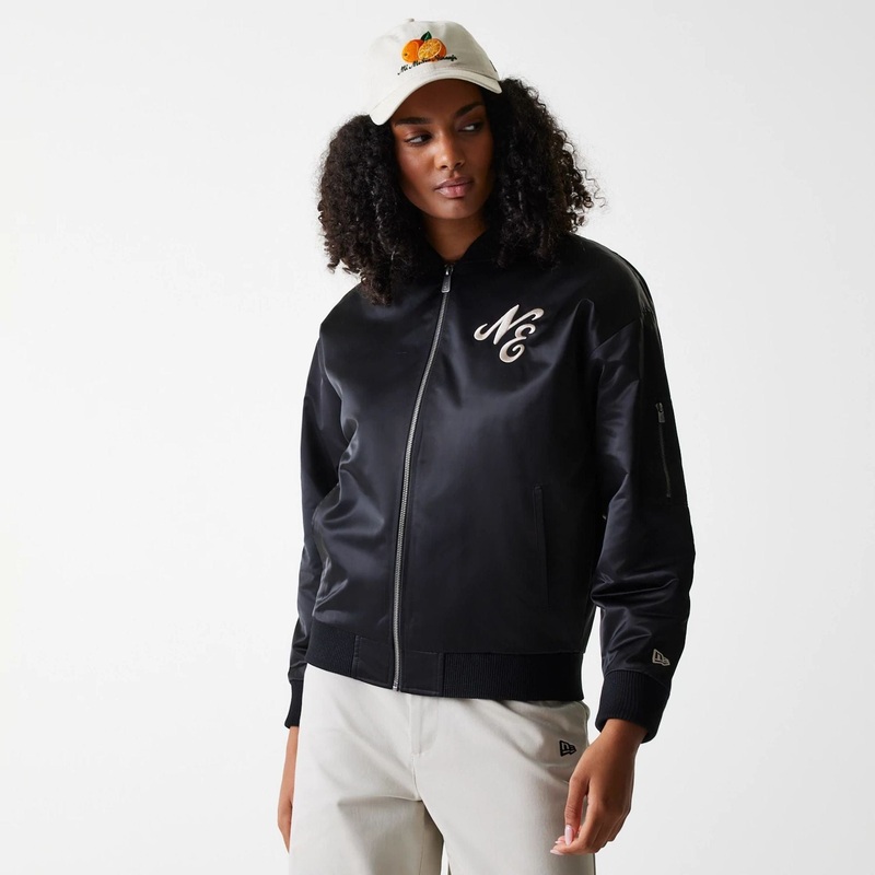 Womens New Era Black Satin Bomber Jacket XS