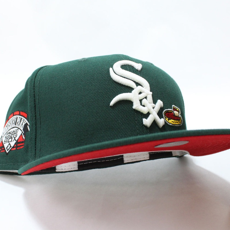 Chicago White Sox Deep Dish Comiskey Park Patch New Era Fitted 59Fifty Hat (Glow in the Dark Logo Green Red Under Brim) 7
