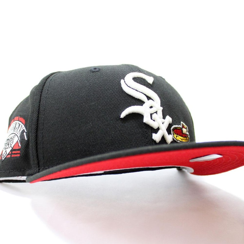 Chicago White Sox Deep Dish Comiskey Park Patch New Era Fitted 59Fifty Hat (GITD Black Red Under Brim) 7