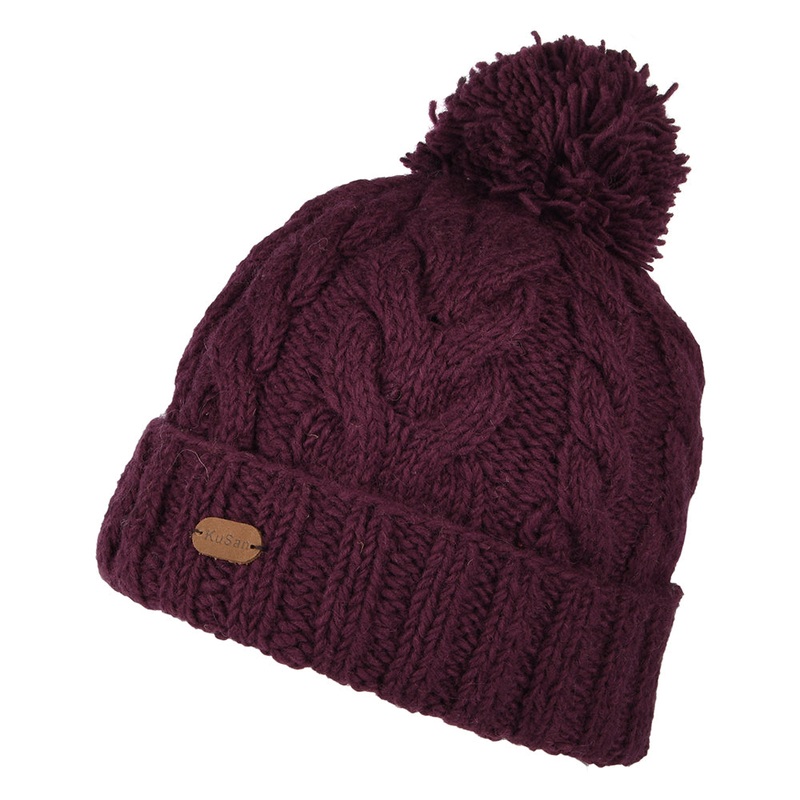 Kusan Cable Knit Turn Up Bobble Hat – Berry 1-Size