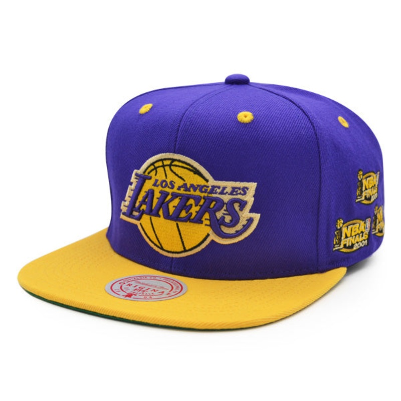 Los Angeles Lakers Mitchell & Ness 2-Tone NBA CHAMPIONS 2000-2002 Side Patch Snapback – Purple/Yellow