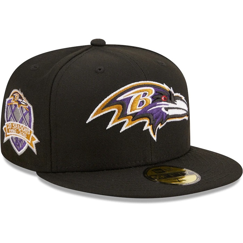 New Era Baltimore Ravens Black 20th Anniversary Patch Logo 59FIFTY Fitted Hat