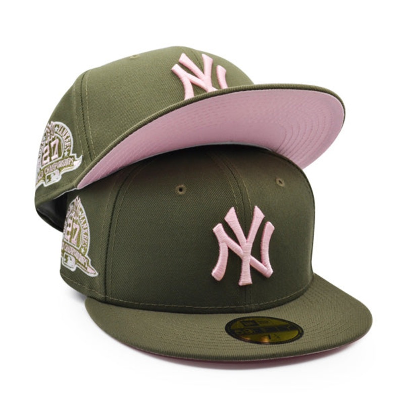 New York Yankees 27x WORLD SERIES CHAMPIONS New Era 59Fifty Fitted Hat  Olive/Pink Bottom 7 3/4